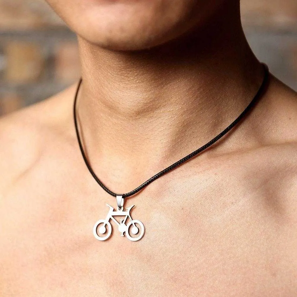 Cycolinks Bicycle Pendant Mens Necklace Leather Rope