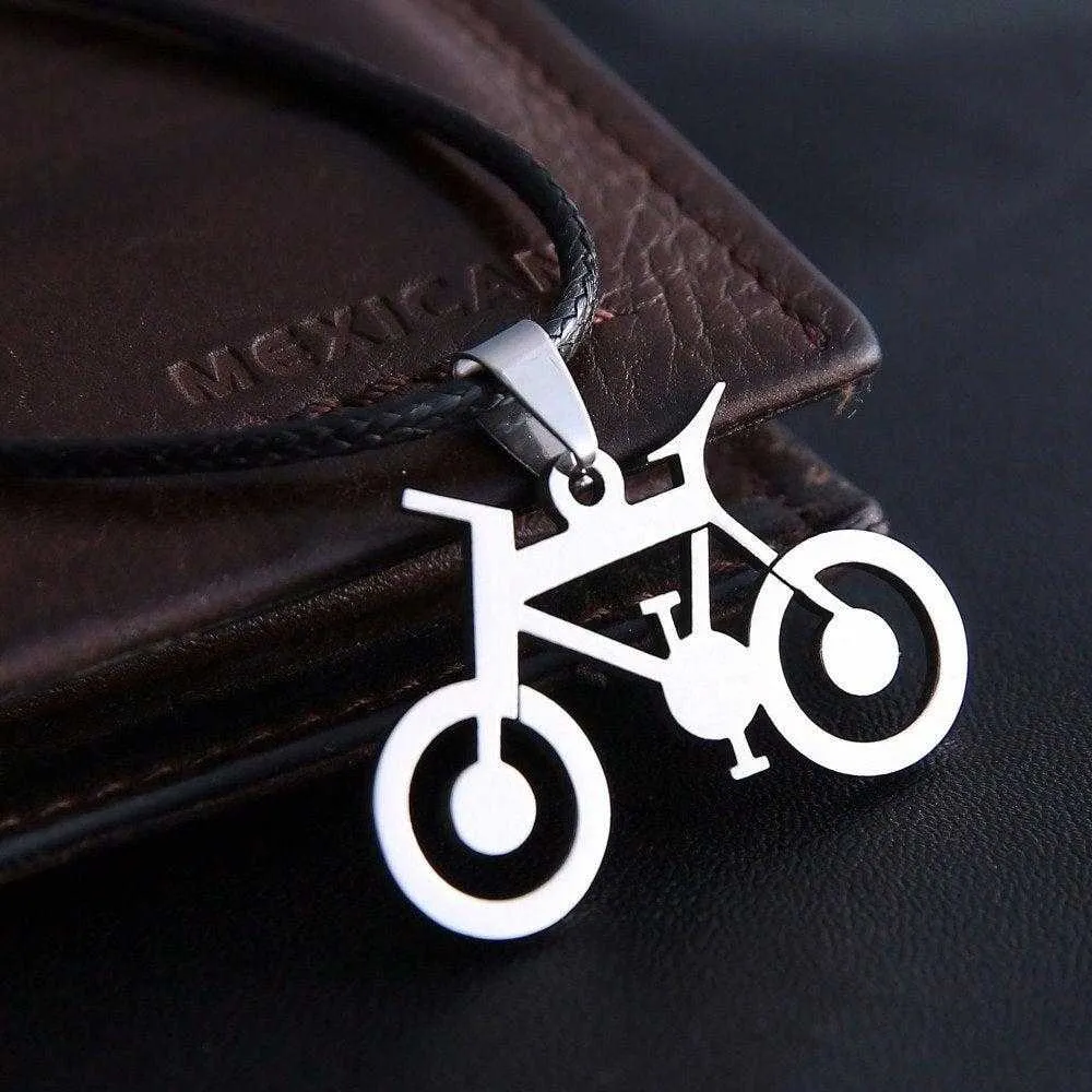Cycolinks Bicycle Pendant Mens Necklace Leather Rope