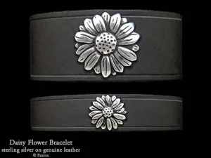 Daisy Flower Bracelet Sterling Silver on Genuine Leather