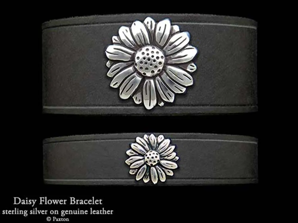 Daisy Flower Bracelet Sterling Silver on Genuine Leather
