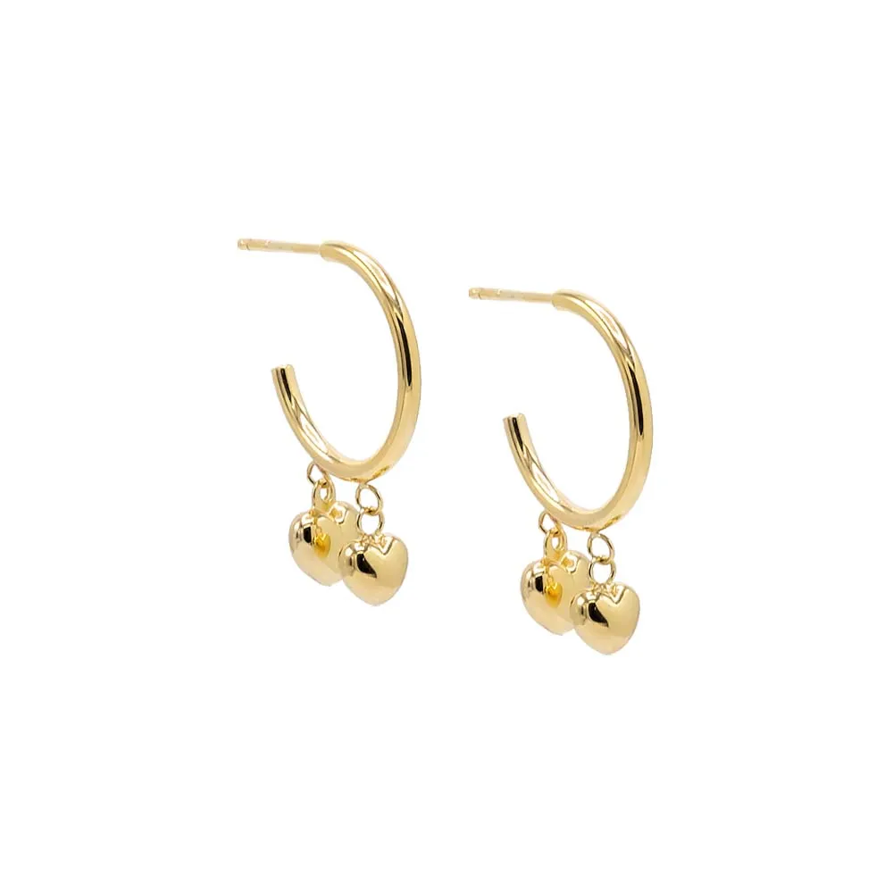 Dangling Puffy Hearts Hoop Earring 14K