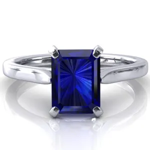 Darci Emerald Blue Sapphire 4 Prong Cathedral Solitaire Engagement Ring