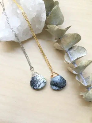 Dendritic Opal Gemstone Drop Necklace - Black and White Pendant necklace