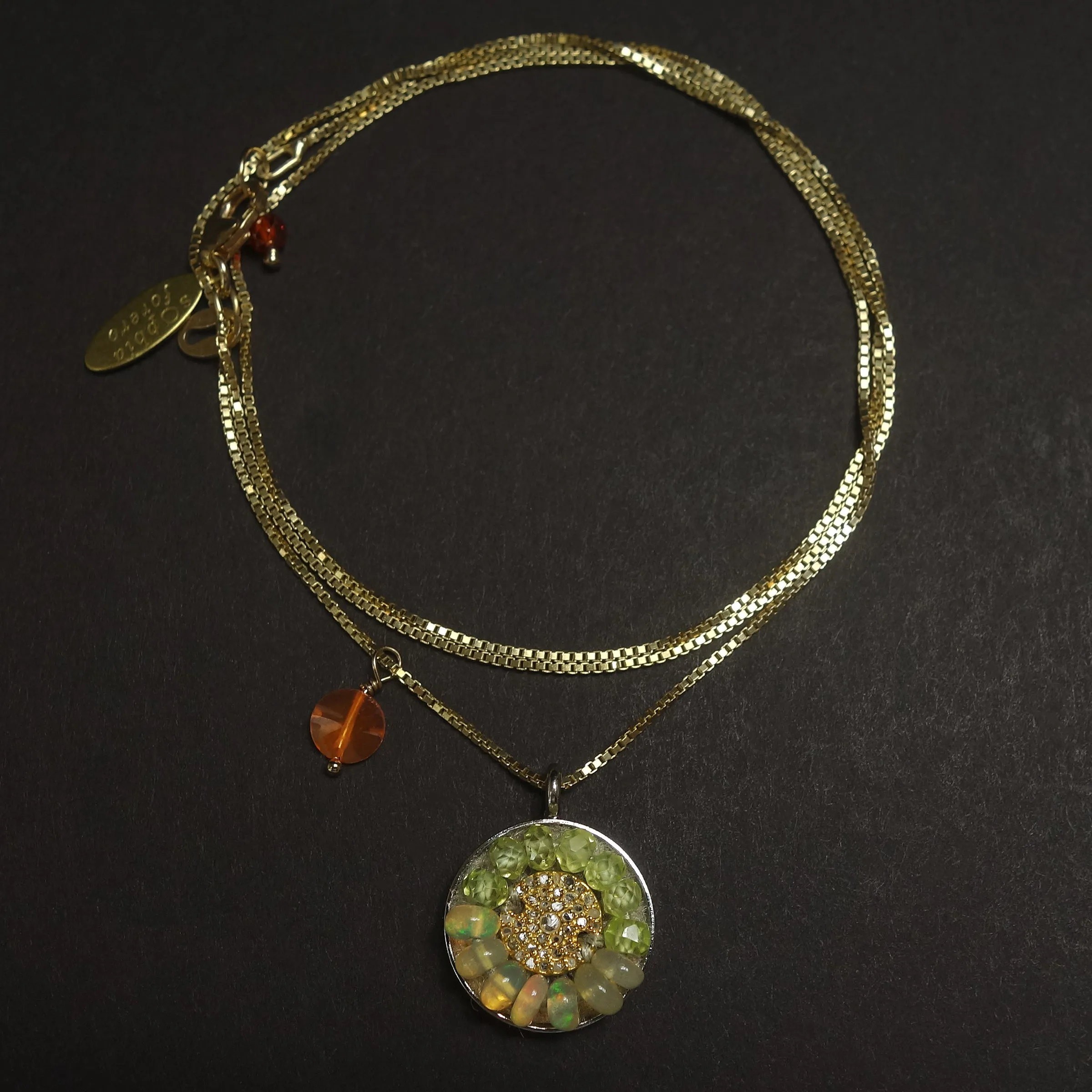 Diamond, rainbow opal   gold mosaic necklace