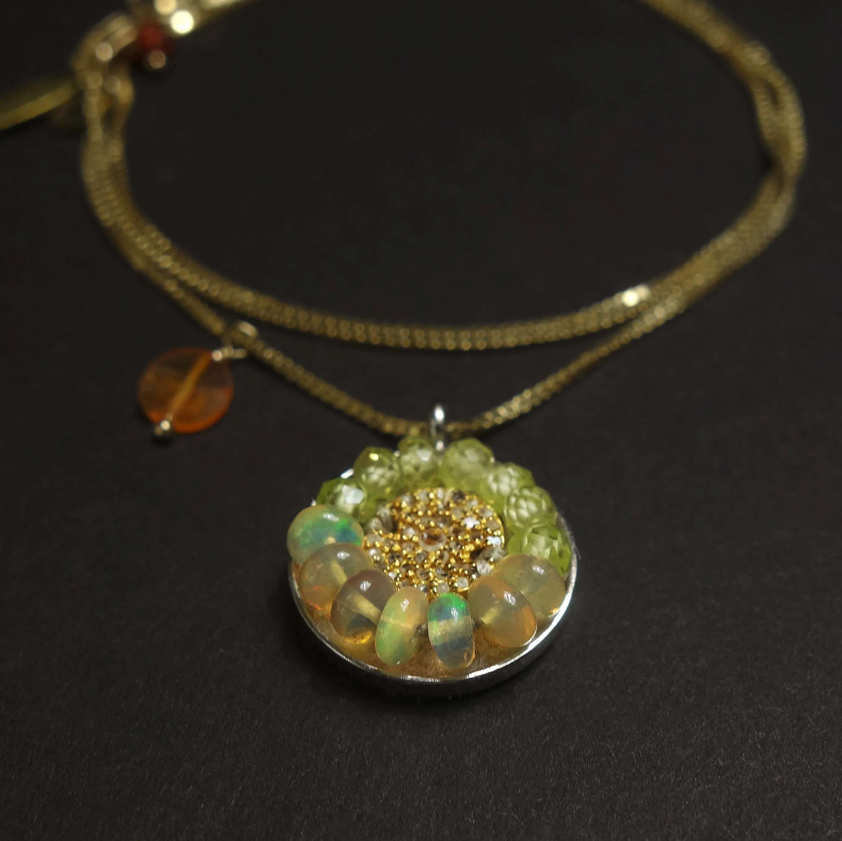 Diamond, rainbow opal   gold mosaic necklace