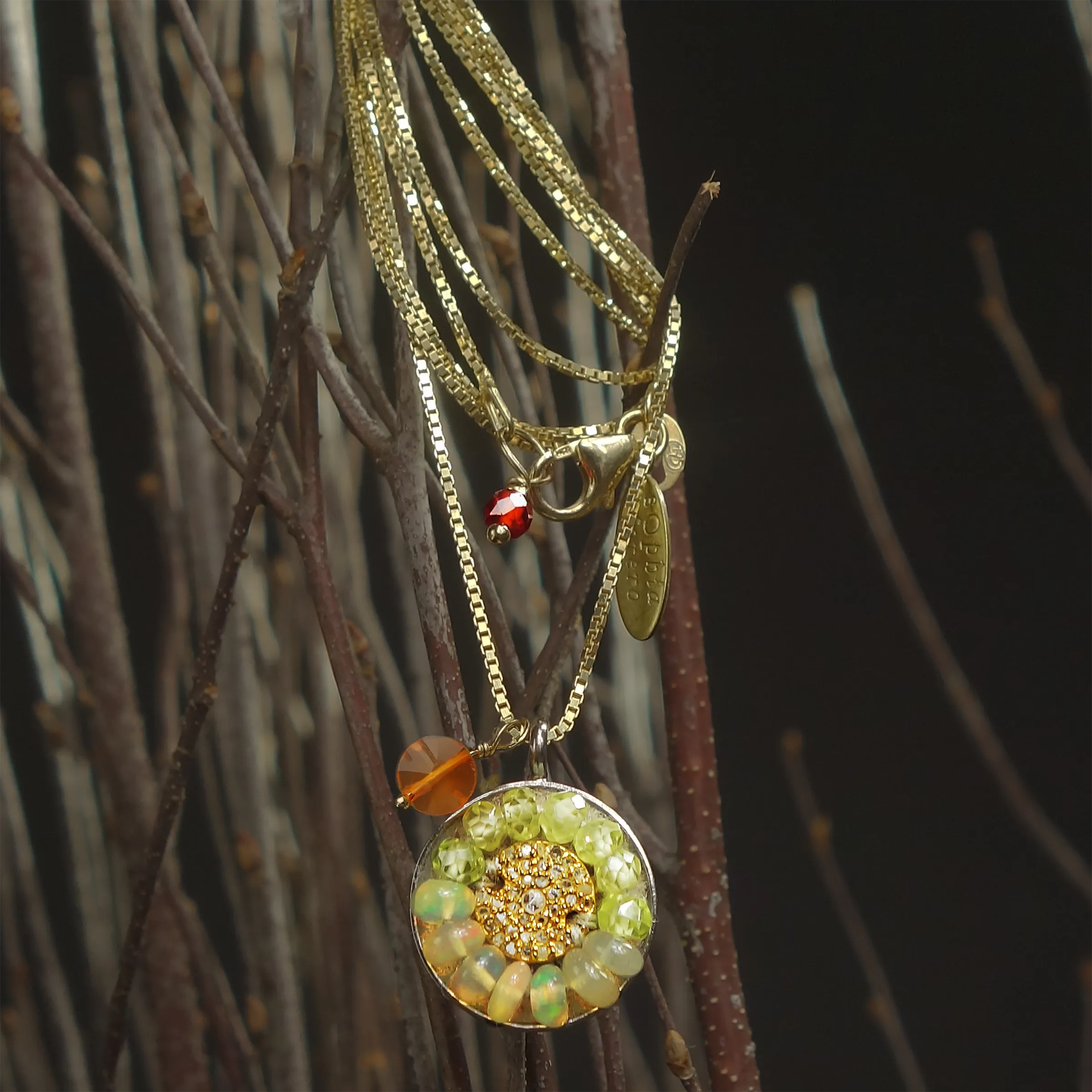 Diamond, rainbow opal   gold mosaic necklace