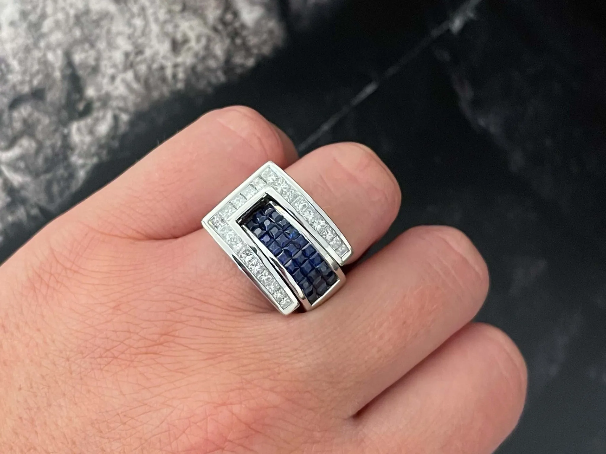 Diamond Sapphire Buckle Ring in 18k White Gold