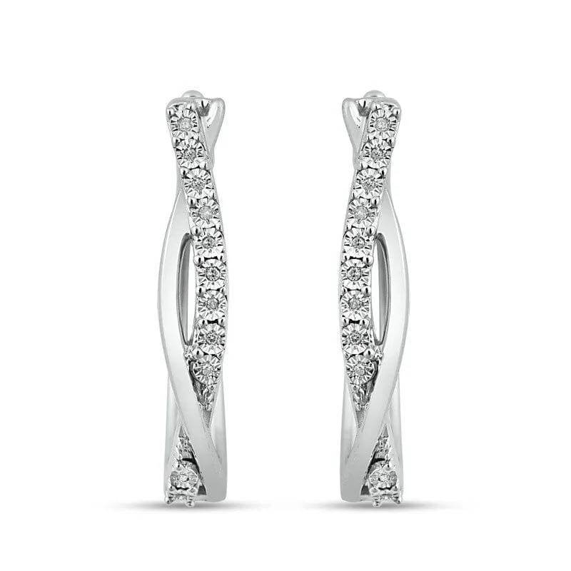 Diamond Set Crossover Hoop Earrings in Sterling Silver