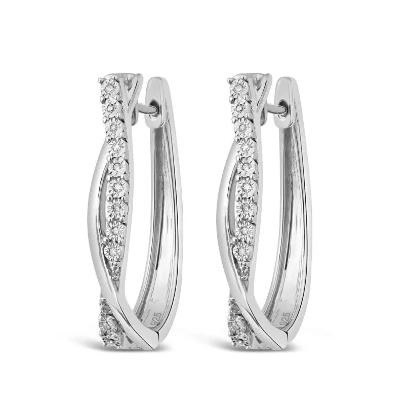 Diamond Set Crossover Hoop Earrings in Sterling Silver