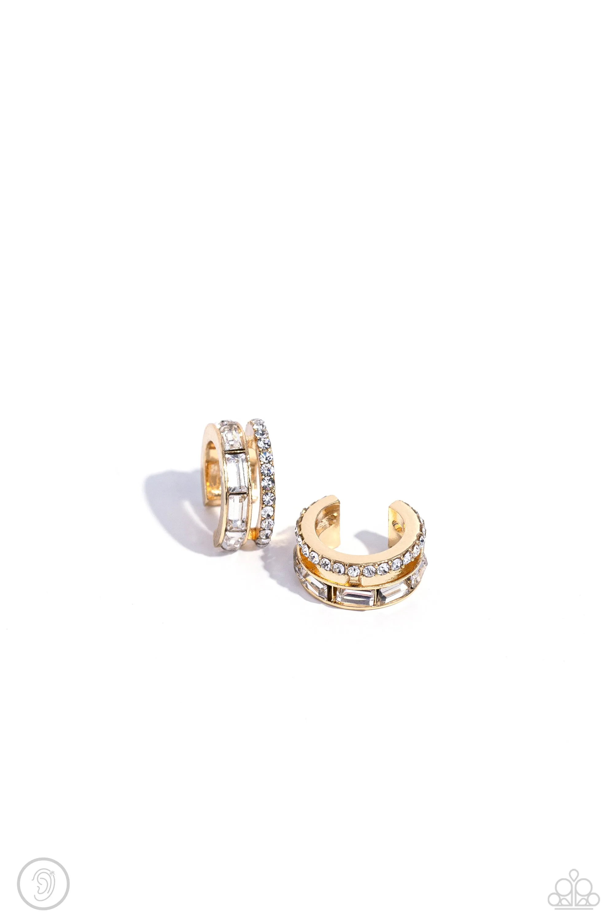 Don't Sweat The Small CUFF - Gold - White Rhinestone Paparazzi Ear Cuff Earrings