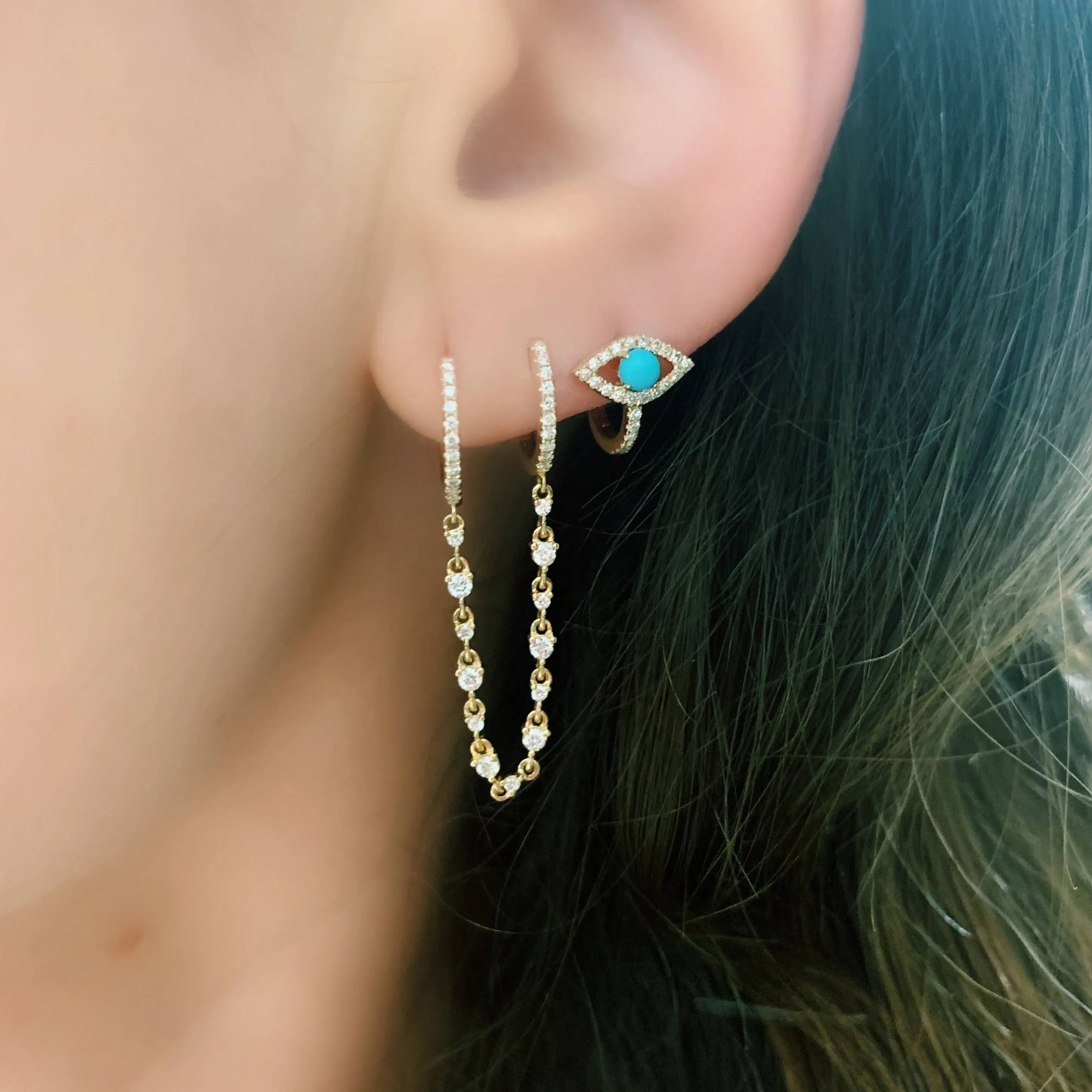Double Diamond Huggie Earrings with Diamond Chain