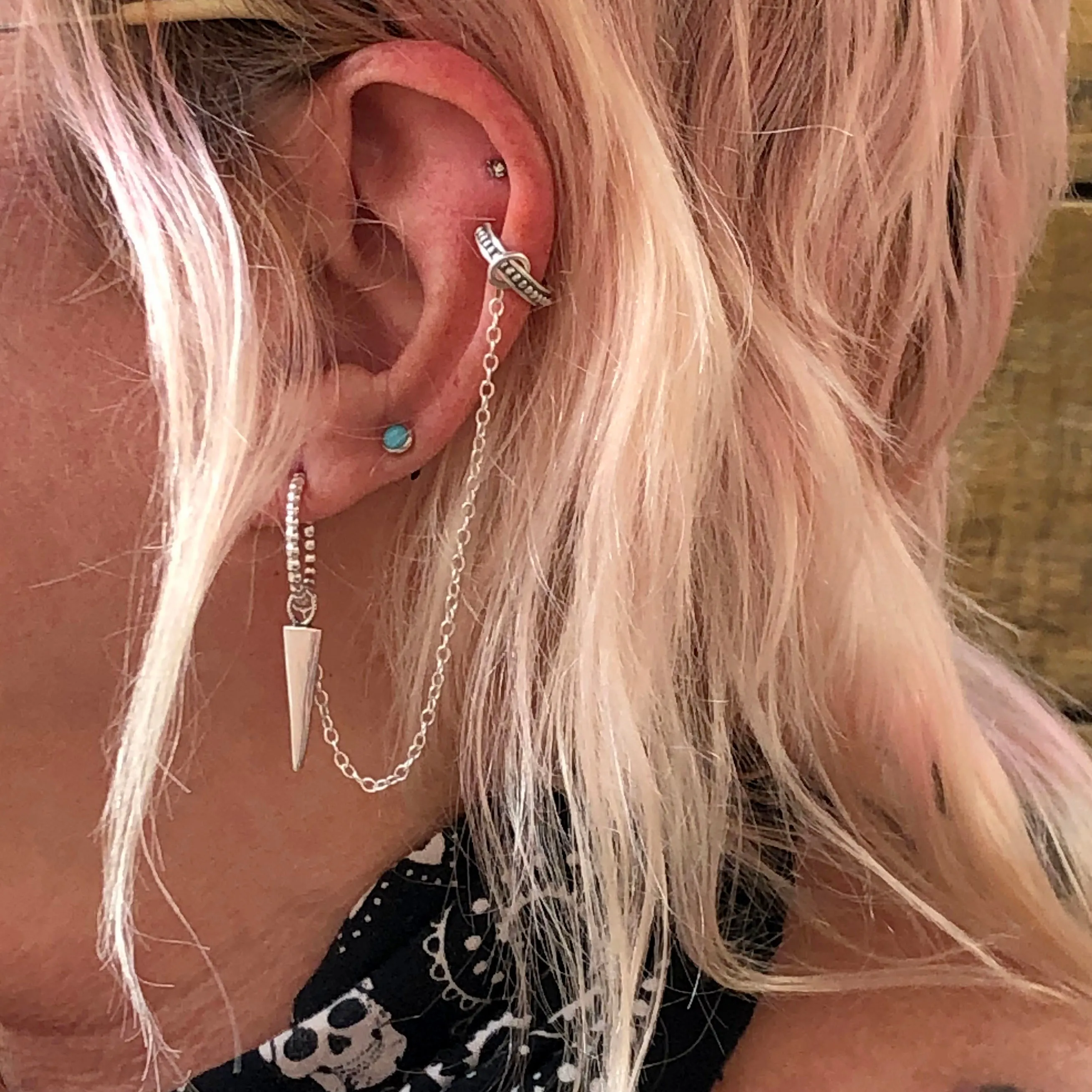 Ear Cuff with chain, Hand made Bead Hoop Earring with Hand Made Charm in Sterling Silver