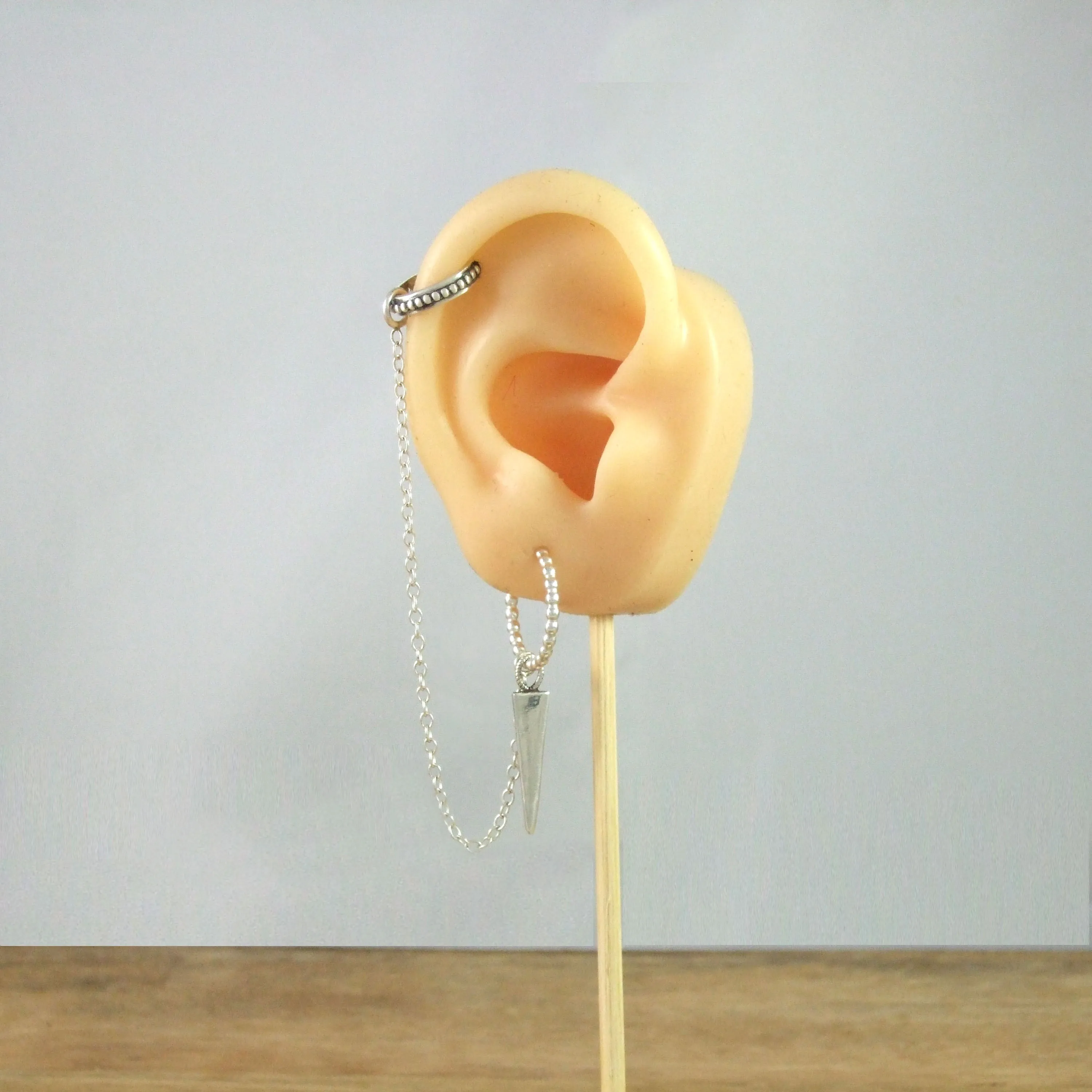 Ear Cuff with chain, Hand made Bead Hoop Earring with Hand Made Charm in Sterling Silver