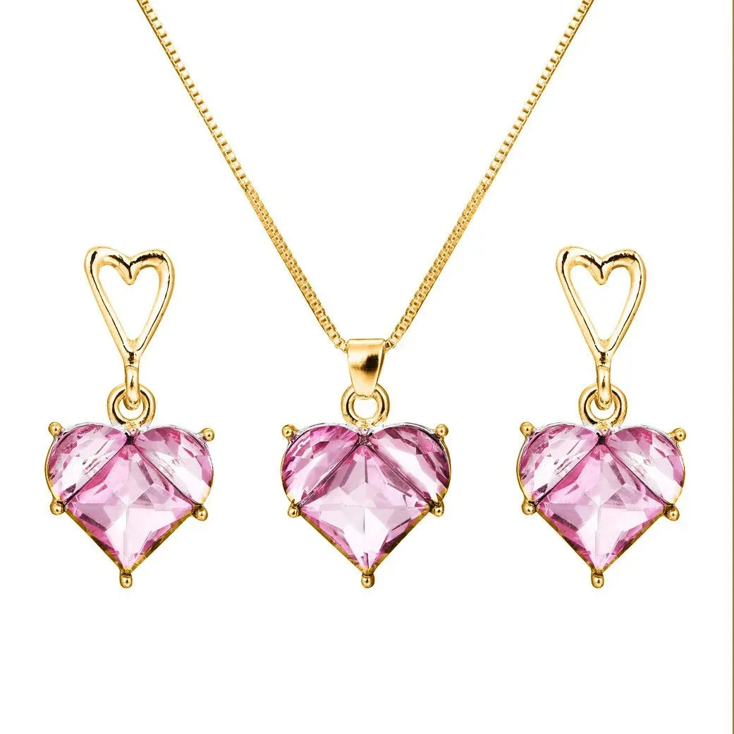 Earrings Necklaces Set for Women Heart-shaped Zircon Pink Crystal Pendant Necklace Women's Jewelry Exquisite Gifts
