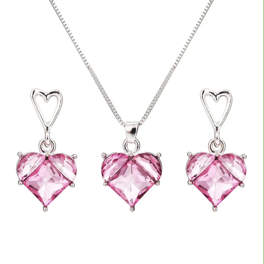 Earrings Necklaces Set for Women Heart-shaped Zircon Pink Crystal Pendant Necklace Women's Jewelry Exquisite Gifts