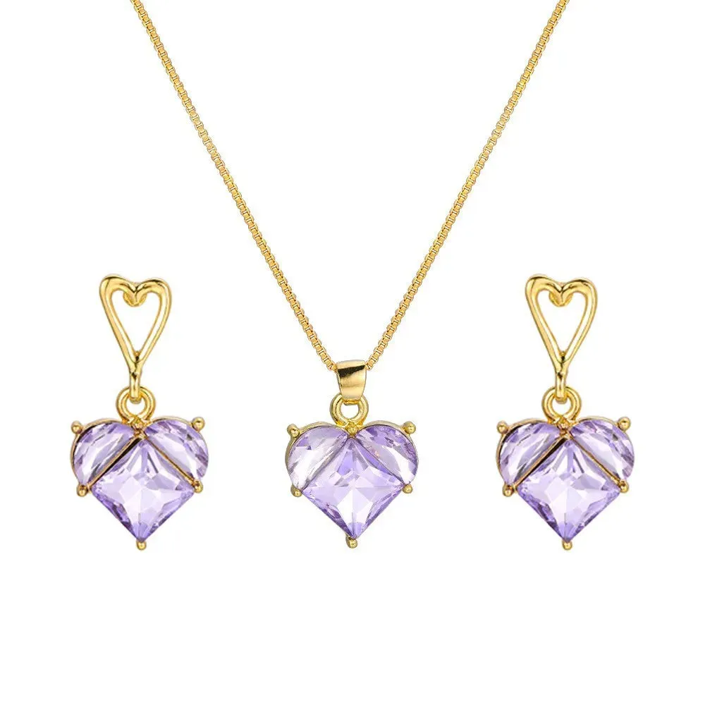 Earrings Necklaces Set for Women Heart-shaped Zircon Pink Crystal Pendant Necklace Women's Jewelry Exquisite Gifts