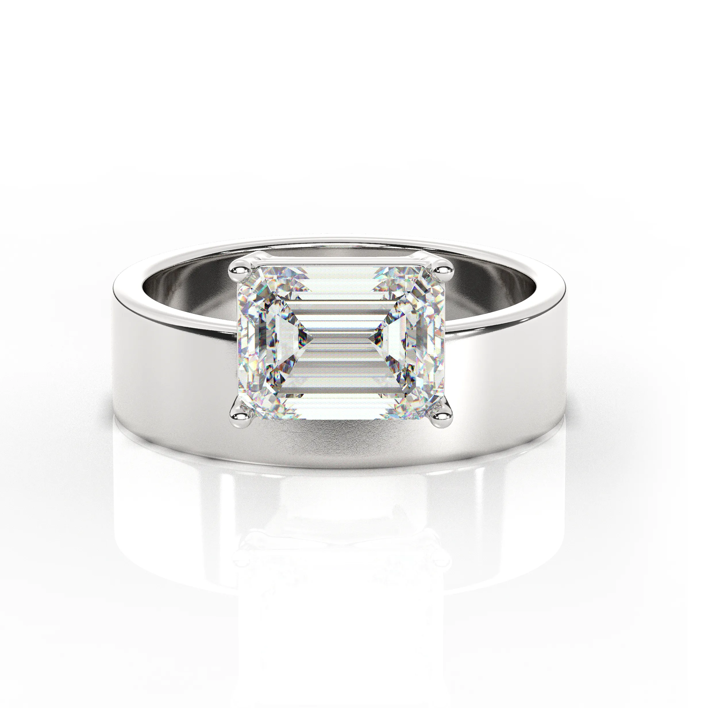 East-West Set Emerald Solitaire Diamond Ring and Cigar Band Set