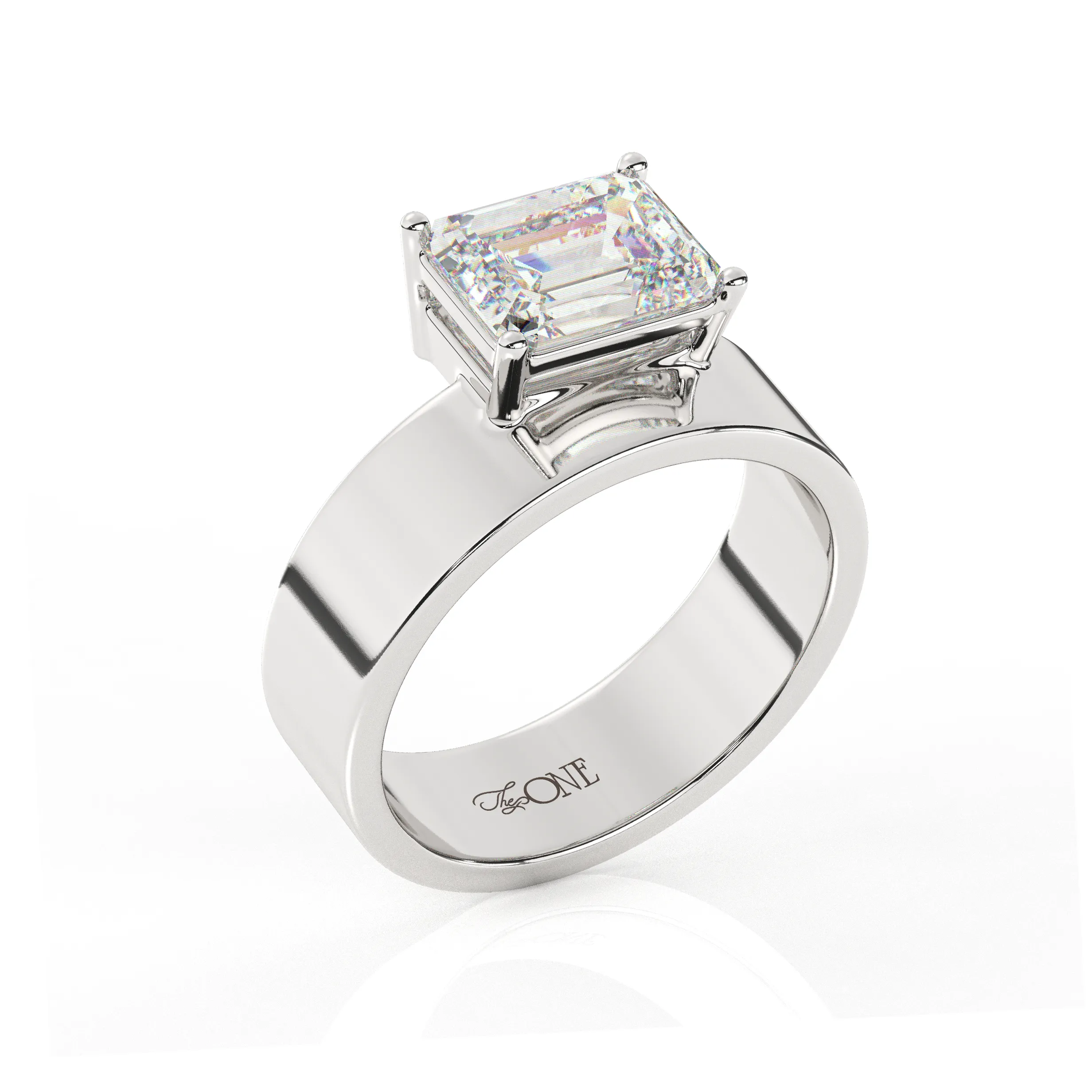 East-West Set Emerald Solitaire Diamond Ring and Cigar Band Set