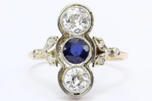 Edwardian 18K Yellow Gold Platinum Top Diamond and Sapphire Three Stone Ring