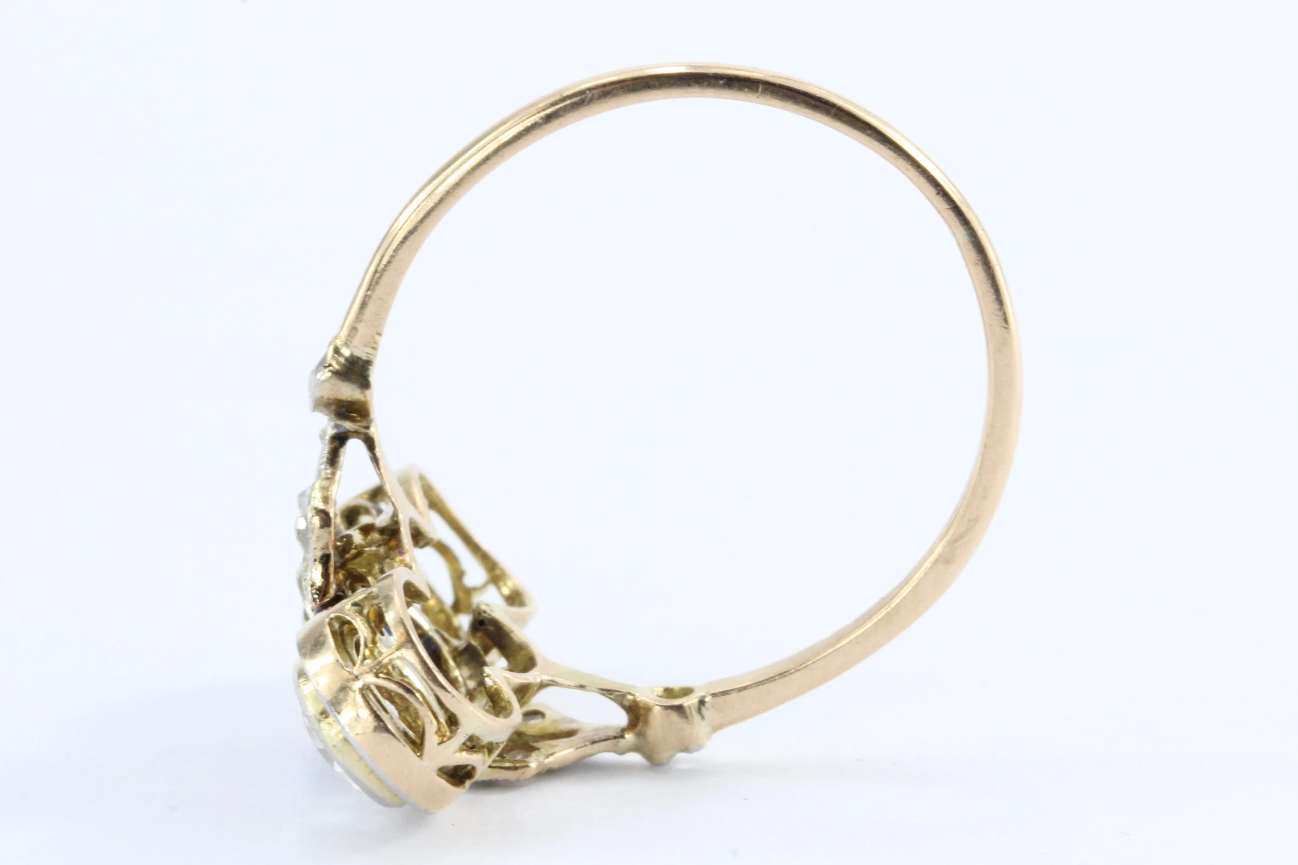 Edwardian 18K Yellow Gold Platinum Top Diamond and Sapphire Three Stone Ring