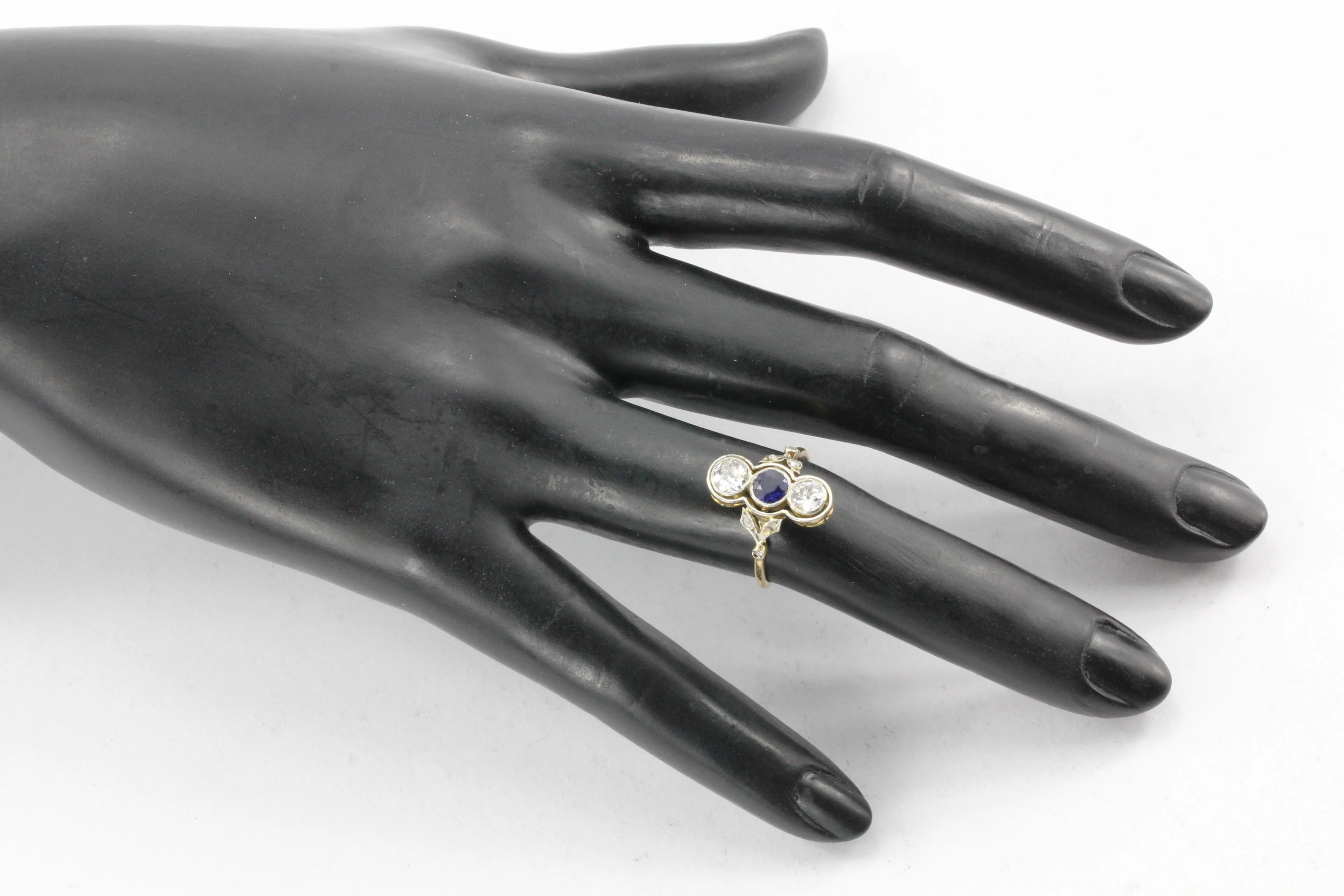Edwardian 18K Yellow Gold Platinum Top Diamond and Sapphire Three Stone Ring