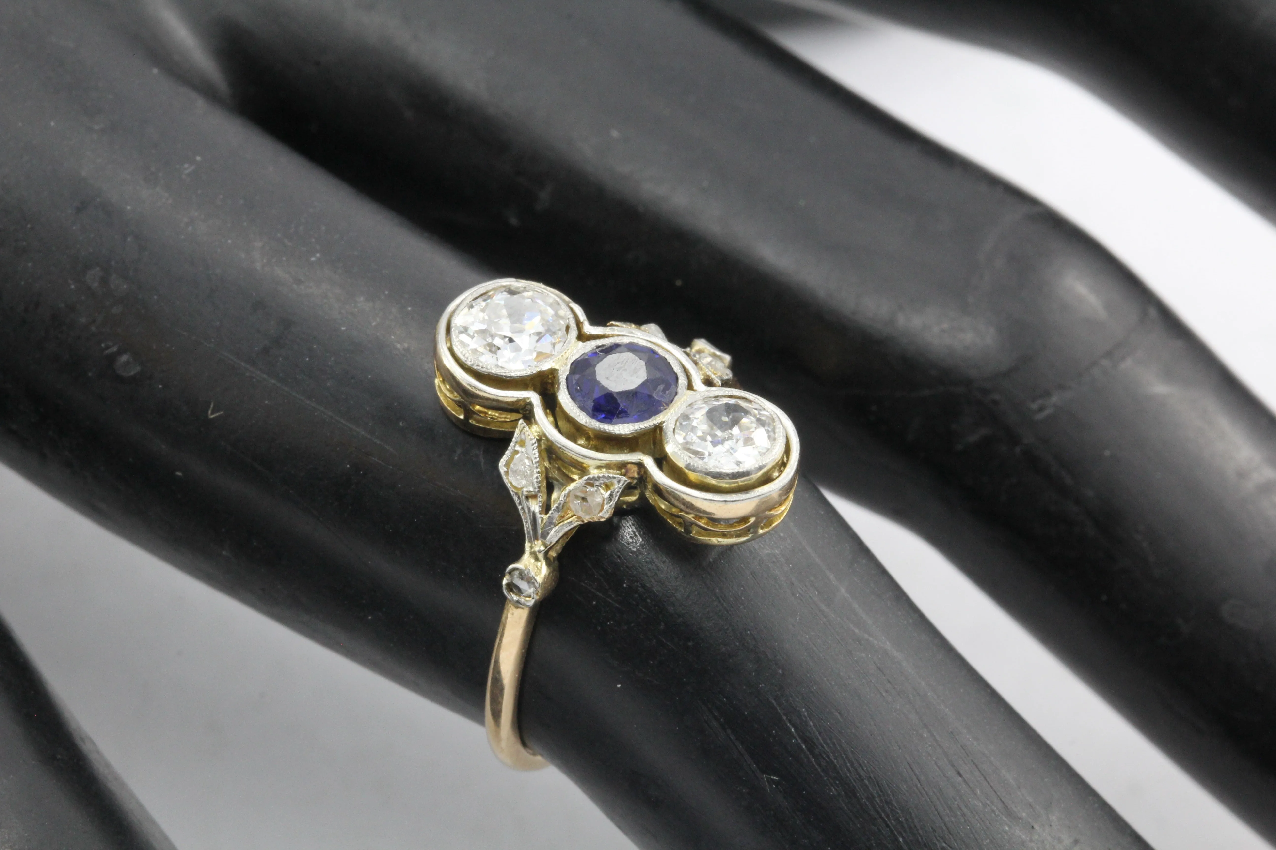 Edwardian 18K Yellow Gold Platinum Top Diamond and Sapphire Three Stone Ring