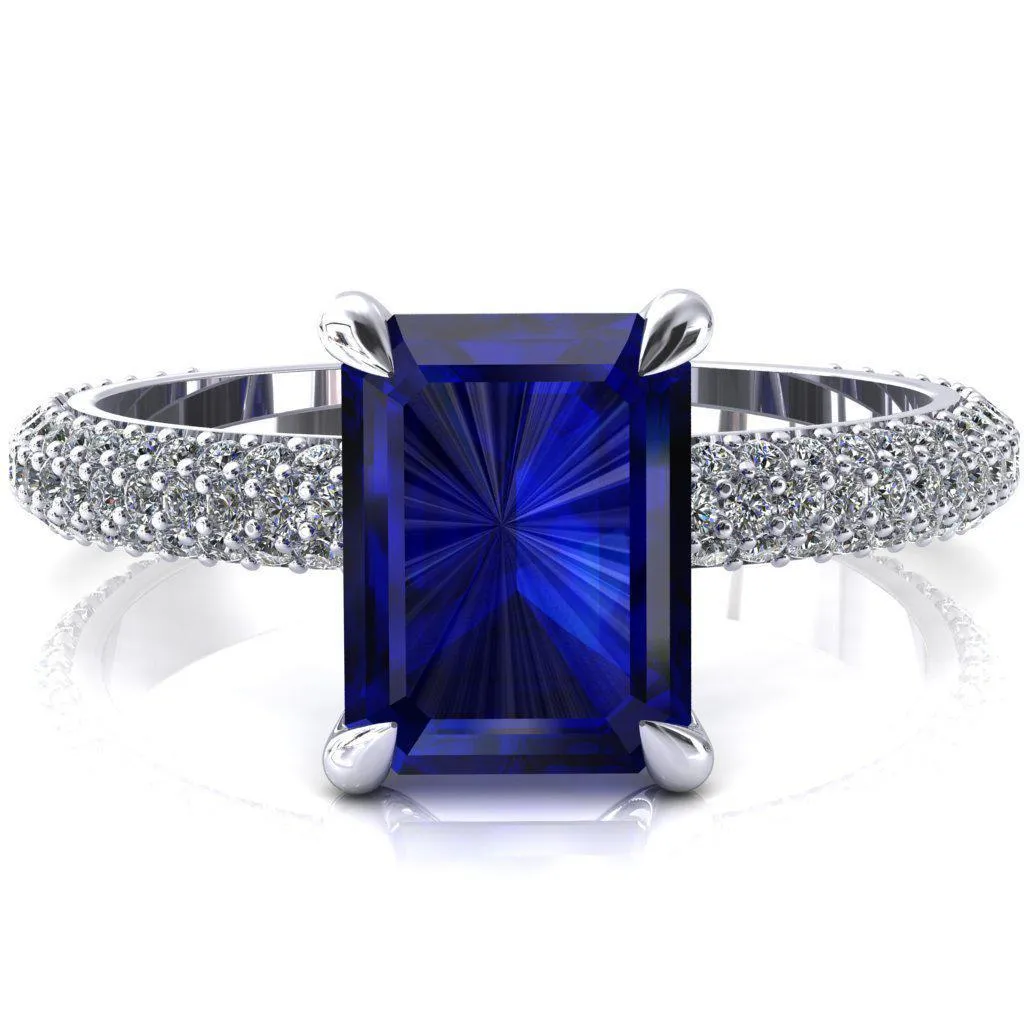 Elley Emerald Blue Sapphire 4 Claw Prong Diamond Accent Engagement Ring
