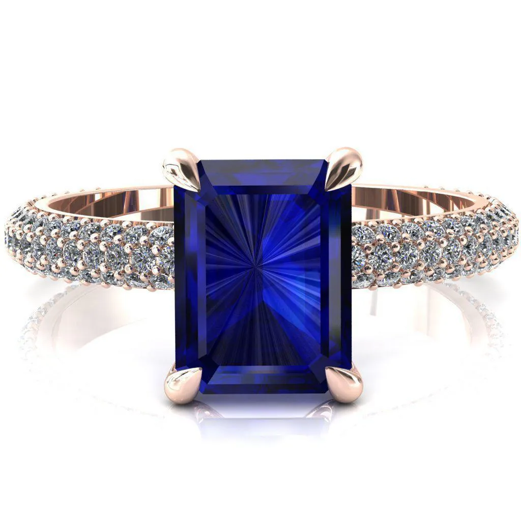 Elley Emerald Blue Sapphire 4 Claw Prong Diamond Accent Engagement Ring