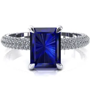 Elley Emerald Blue Sapphire 4 Claw Prong Diamond Accent Engagement Ring