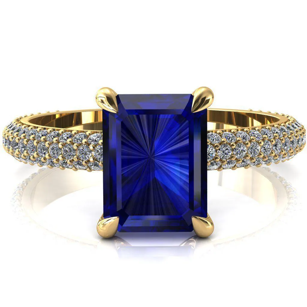 Elley Emerald Blue Sapphire 4 Claw Prong Diamond Accent Engagement Ring