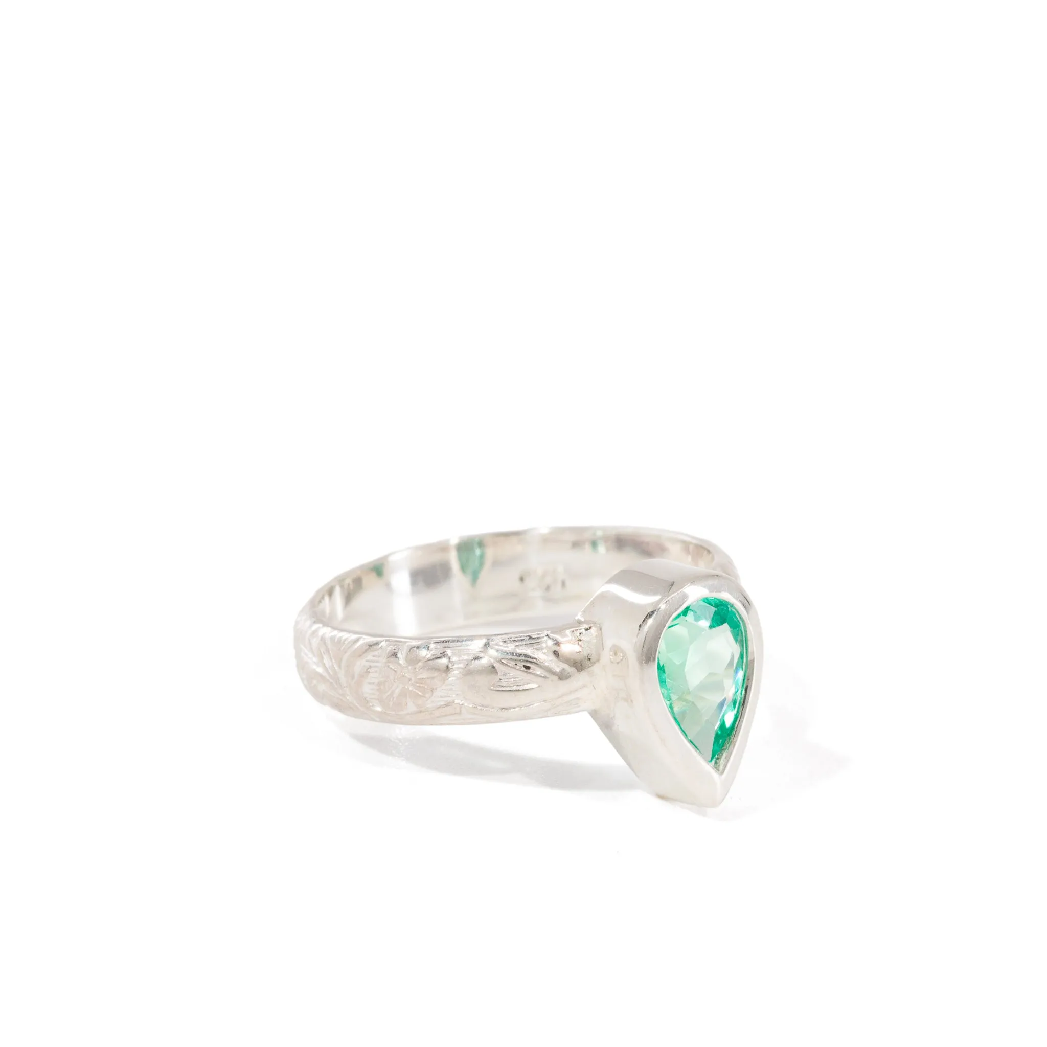 Emerald .98 Carat Sterling Silver Handcrafted Gemstone Floral Band Ring