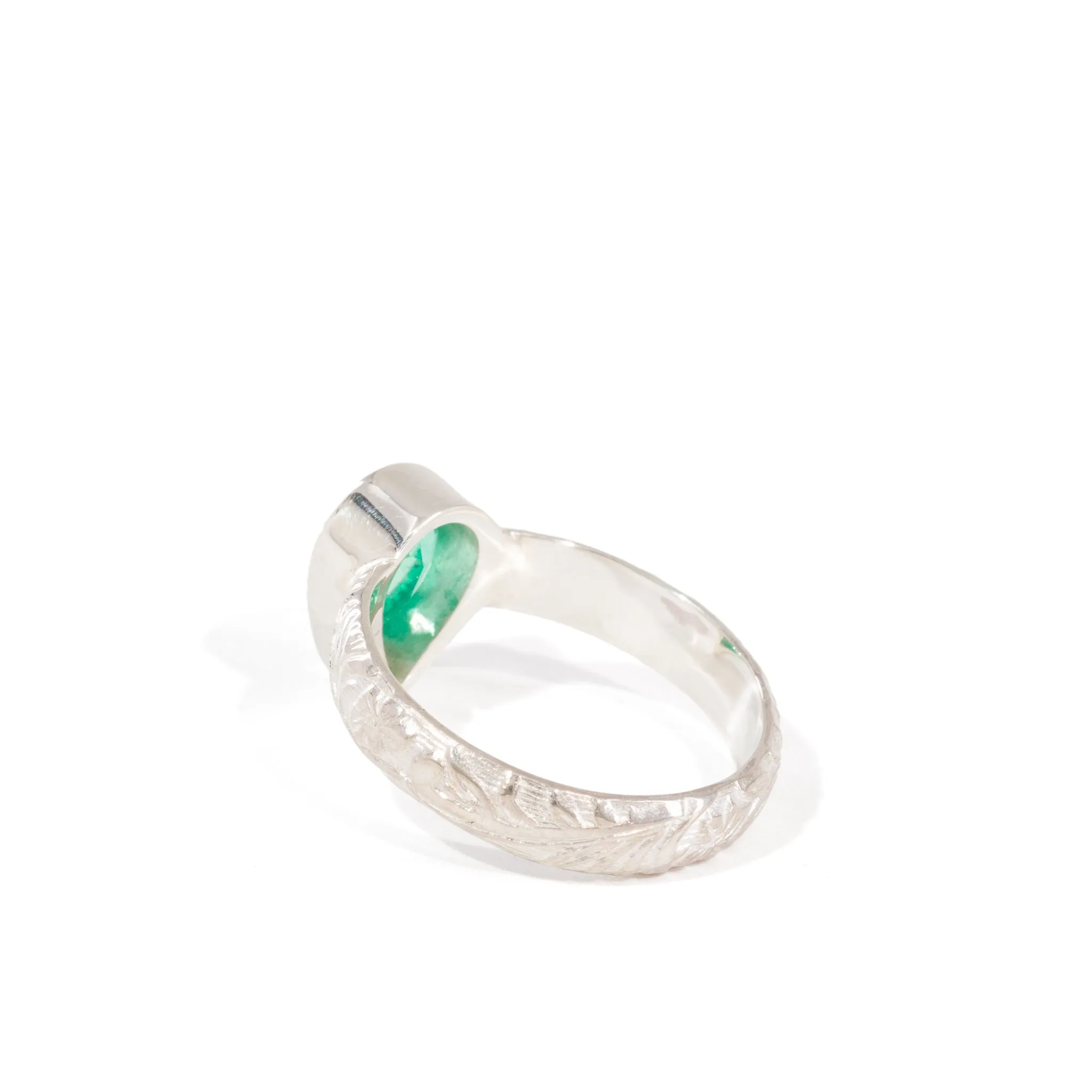 Emerald .98 Carat Sterling Silver Handcrafted Gemstone Floral Band Ring