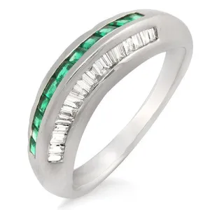 Emerald And Diamond  Beveled Style Ring, 18k White Gold
