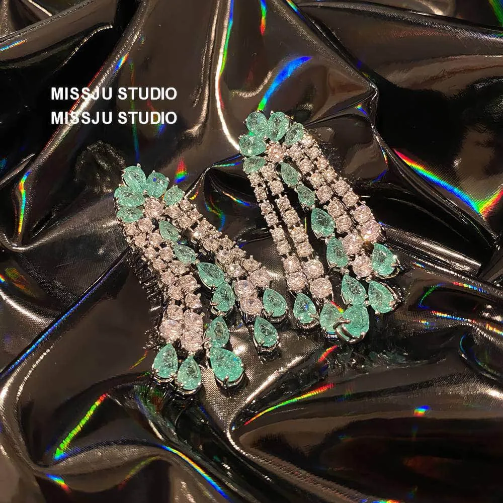 Emerald Crystals Tassel Drop Rhinestone Earrings
