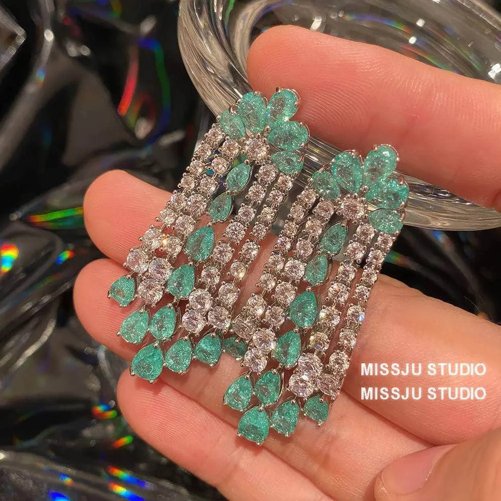 Emerald Crystals Tassel Drop Rhinestone Earrings
