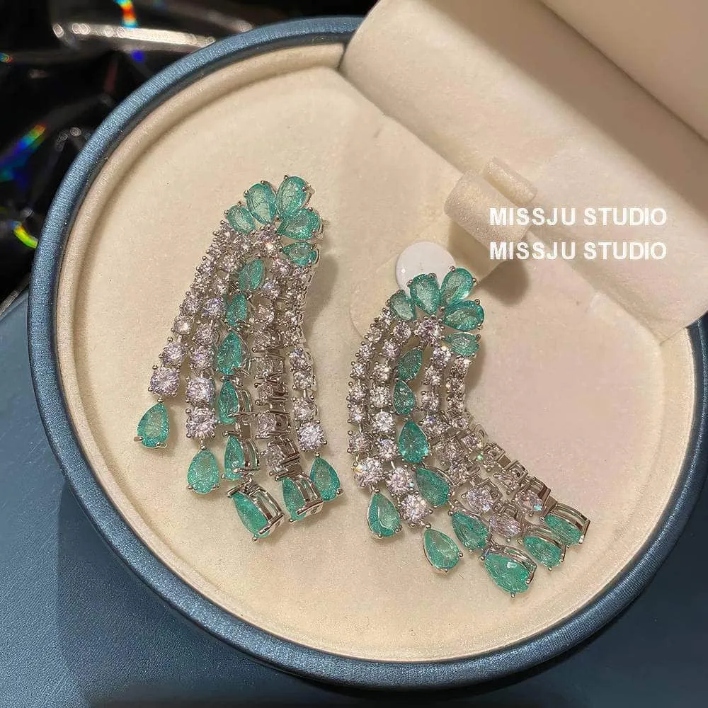 Emerald Crystals Tassel Drop Rhinestone Earrings