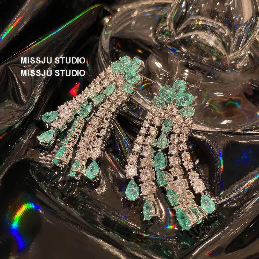 Emerald Crystals Tassel Drop Rhinestone Earrings
