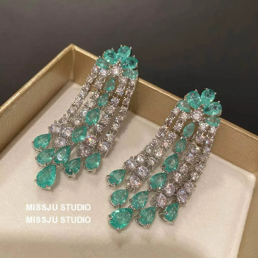 Emerald Crystals Tassel Drop Rhinestone Earrings
