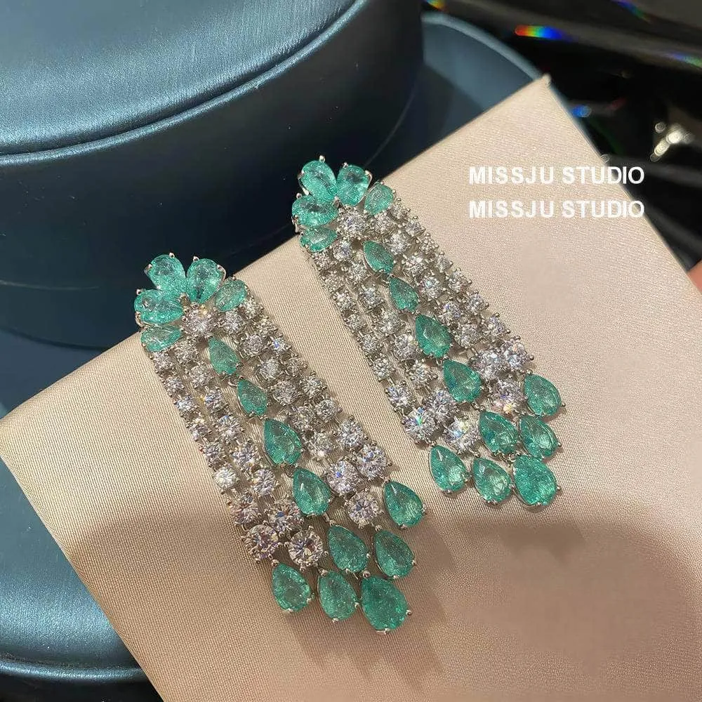 Emerald Crystals Tassel Drop Rhinestone Earrings