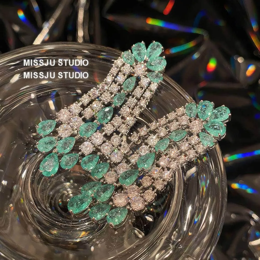 Emerald Crystals Tassel Drop Rhinestone Earrings