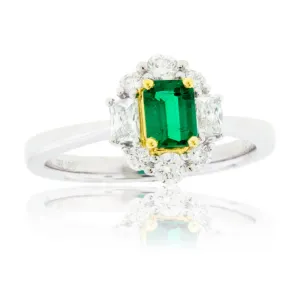 Emerald-Cut Emerald & Diamond Halo Accented Ring