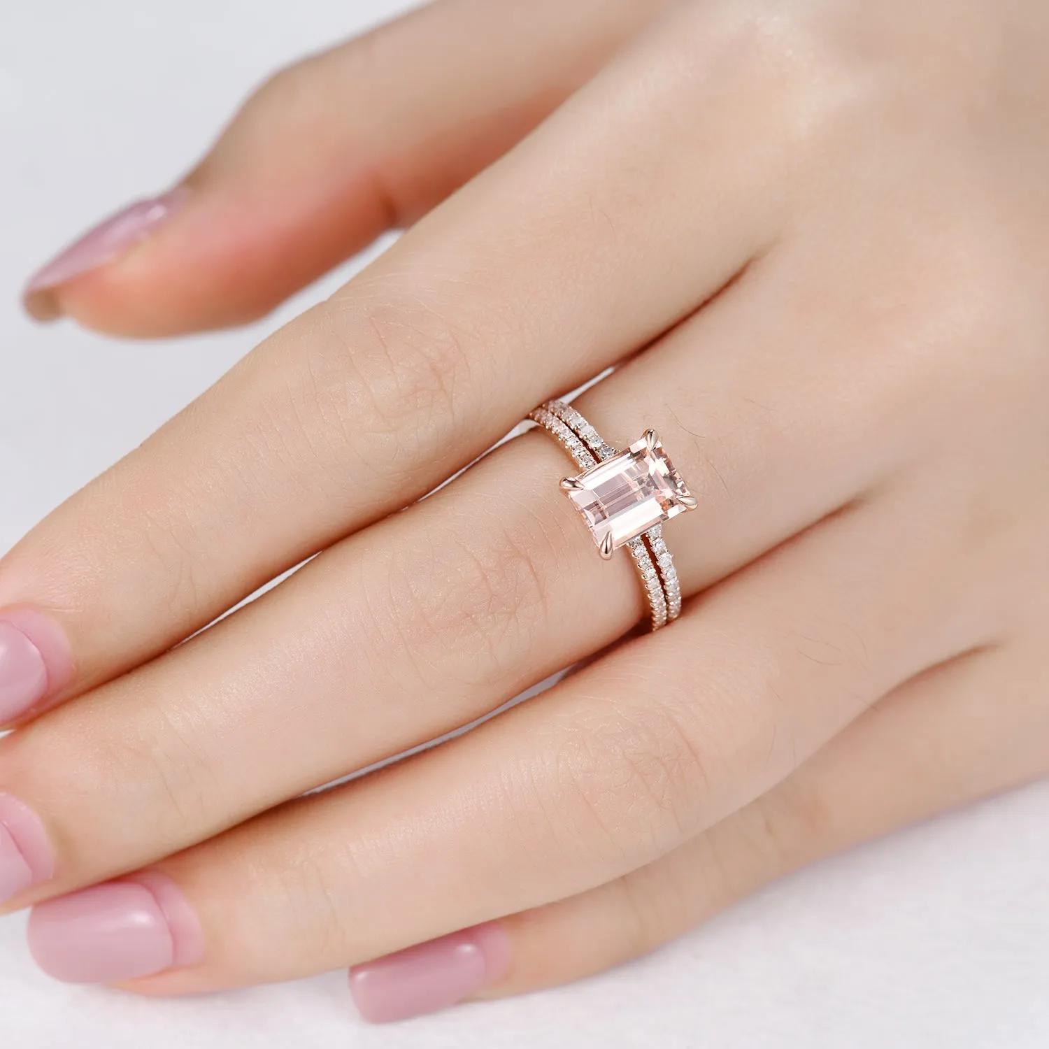 Emerald Cut Hidden Halo Morganite Bridal Ring Set and Curved Diamond Matching Band