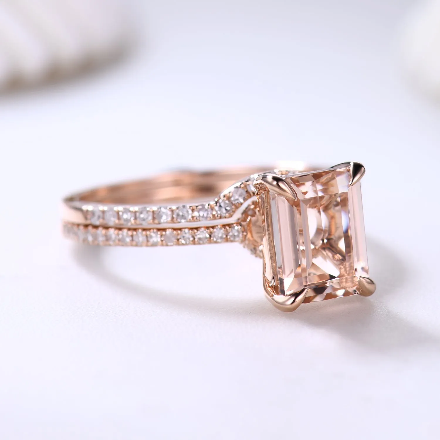 Emerald Cut Hidden Halo Morganite Bridal Ring Set and Curved Diamond Matching Band