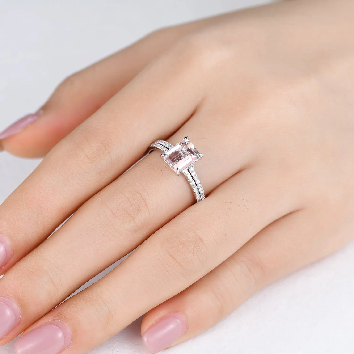 Emerald Cut Hidden Halo Morganite Bridal Ring Set and Curved Diamond Matching Band