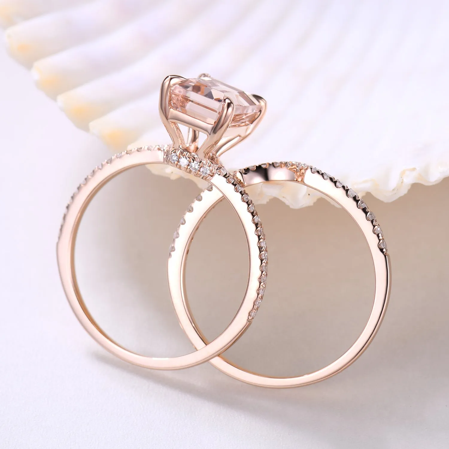 Emerald Cut Hidden Halo Morganite Bridal Ring Set and Curved Diamond Matching Band