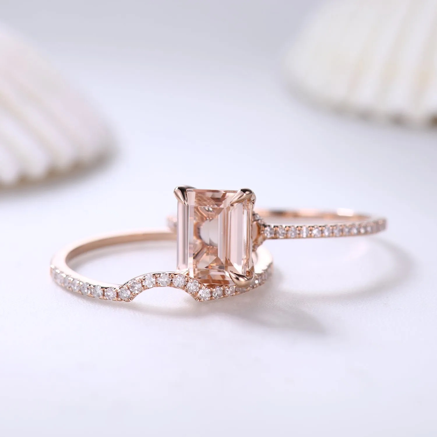 Emerald Cut Hidden Halo Morganite Bridal Ring Set and Curved Diamond Matching Band