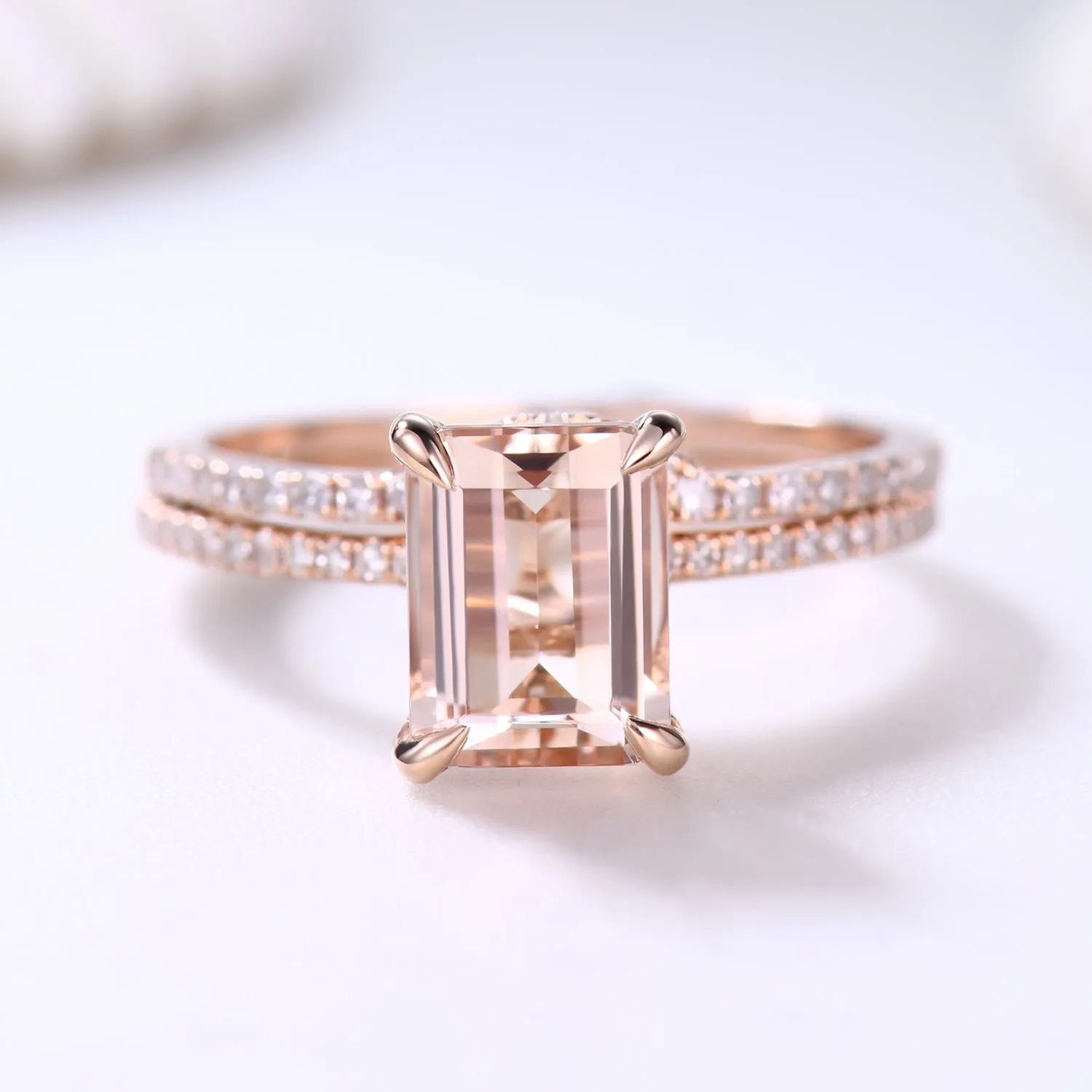 Emerald Cut Hidden Halo Morganite Bridal Ring Set and Curved Diamond Matching Band