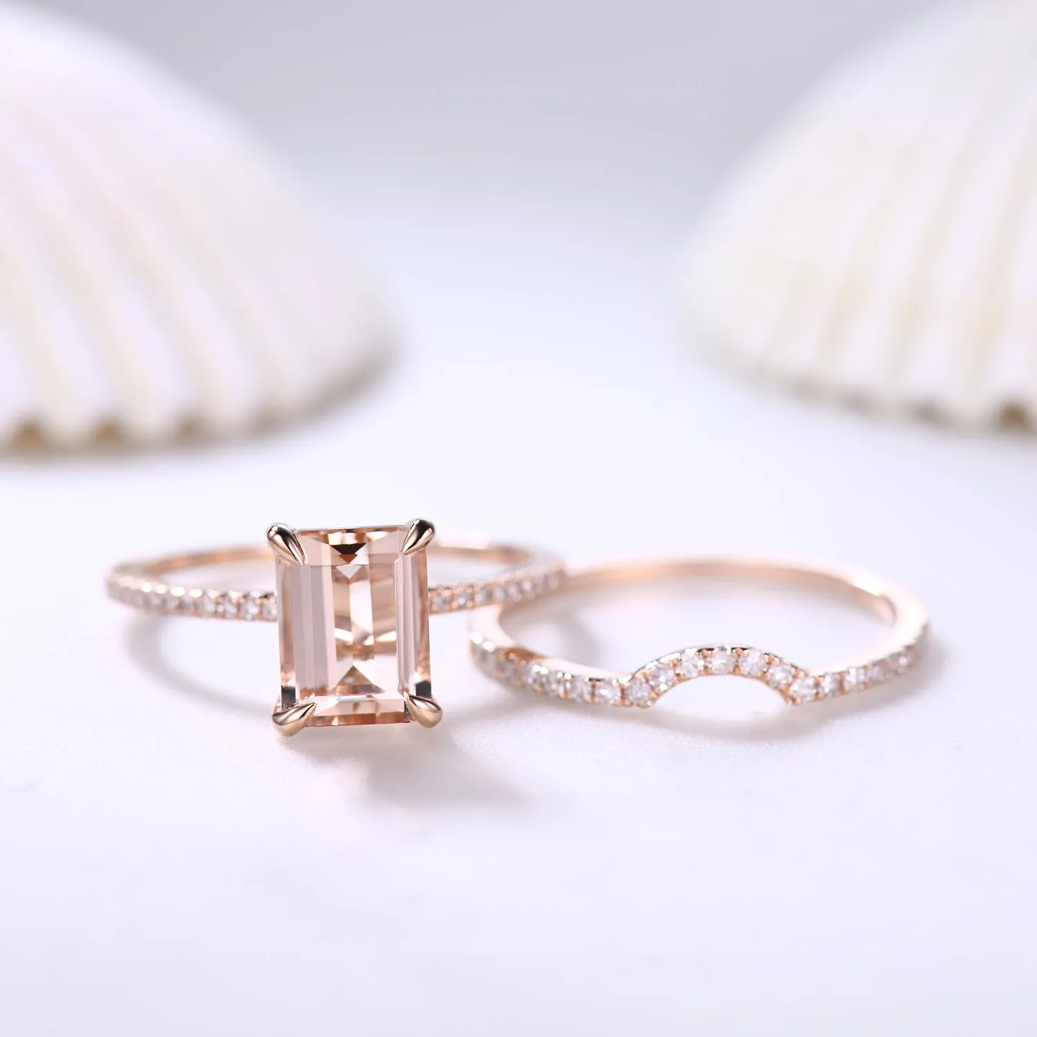 Emerald Cut Hidden Halo Morganite Bridal Ring Set and Curved Diamond Matching Band