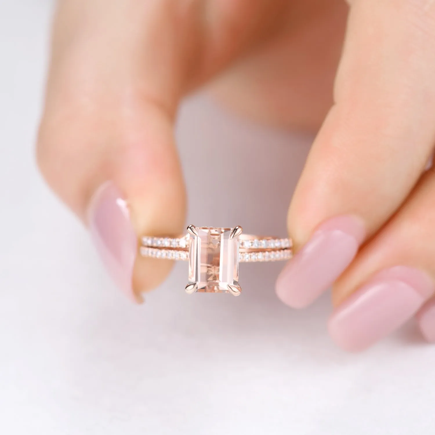 Emerald Cut Hidden Halo Morganite Bridal Ring Set and Curved Diamond Matching Band