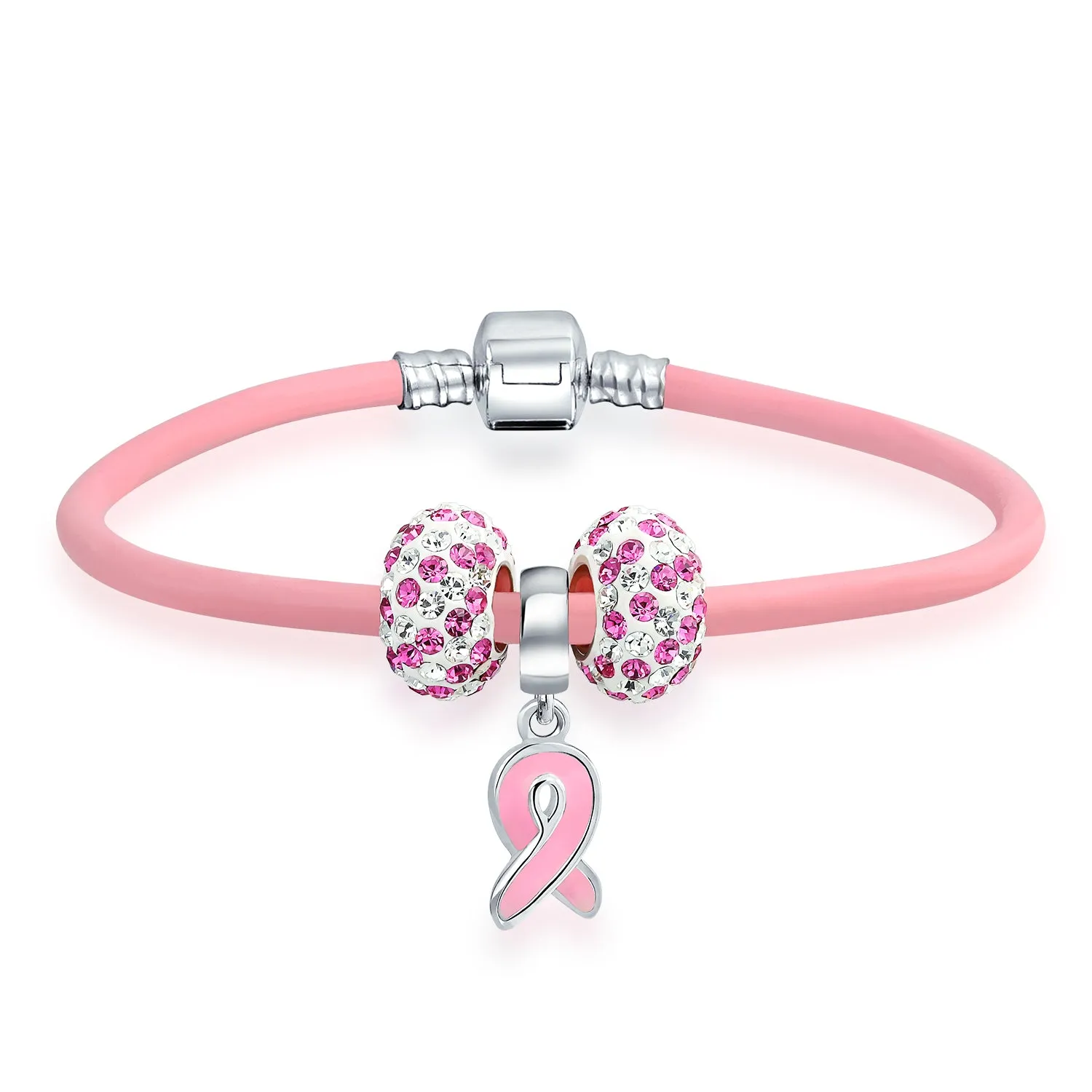 Empowerment Pink Ribbon Charm Bracelet - Genuine Leather Silver Clasp 6-8 Inch